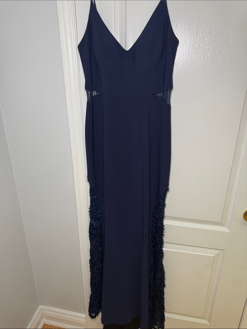 Navy Sleeveless Evening Gown with Lace Panels